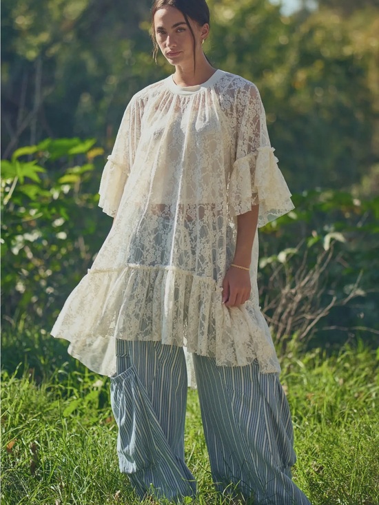 DAVI & DANI Tops - Sheer Ivory Lace Tiered Tunic